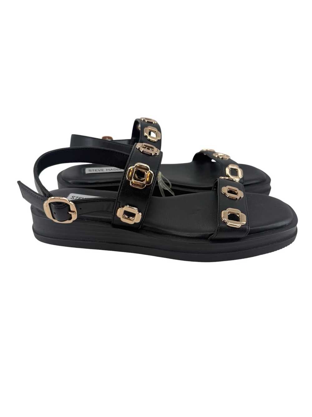Steve Madden Tenacious Black Gold Studded Platform Sandals Womens 7.5 Gladiator - Picture 8 of 13